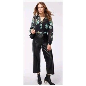 Chico's Womens Cropped Wide Leg Black Pants Crocodile Embossed Faux Leather 1.5